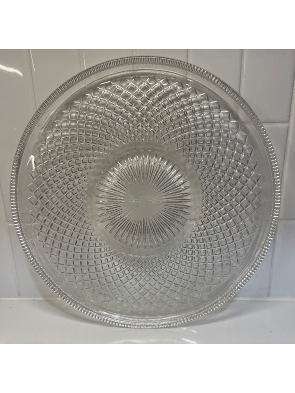 Vintage Round Glass Serving or Cake Plate Sunburst Diamond Pattern Clear 10”